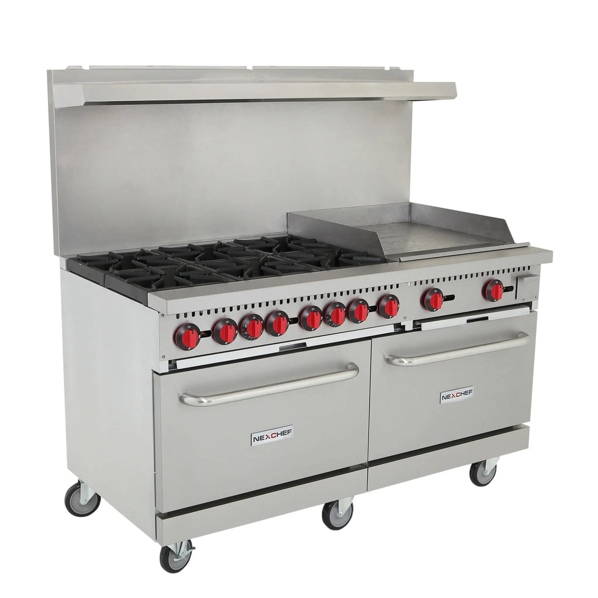 NexChef R60G Commercial 60" Gas Range, 6 Burners with 24" Griddle, Two Standard Ovens, NG/LP - 280,000 BTU Nexchef