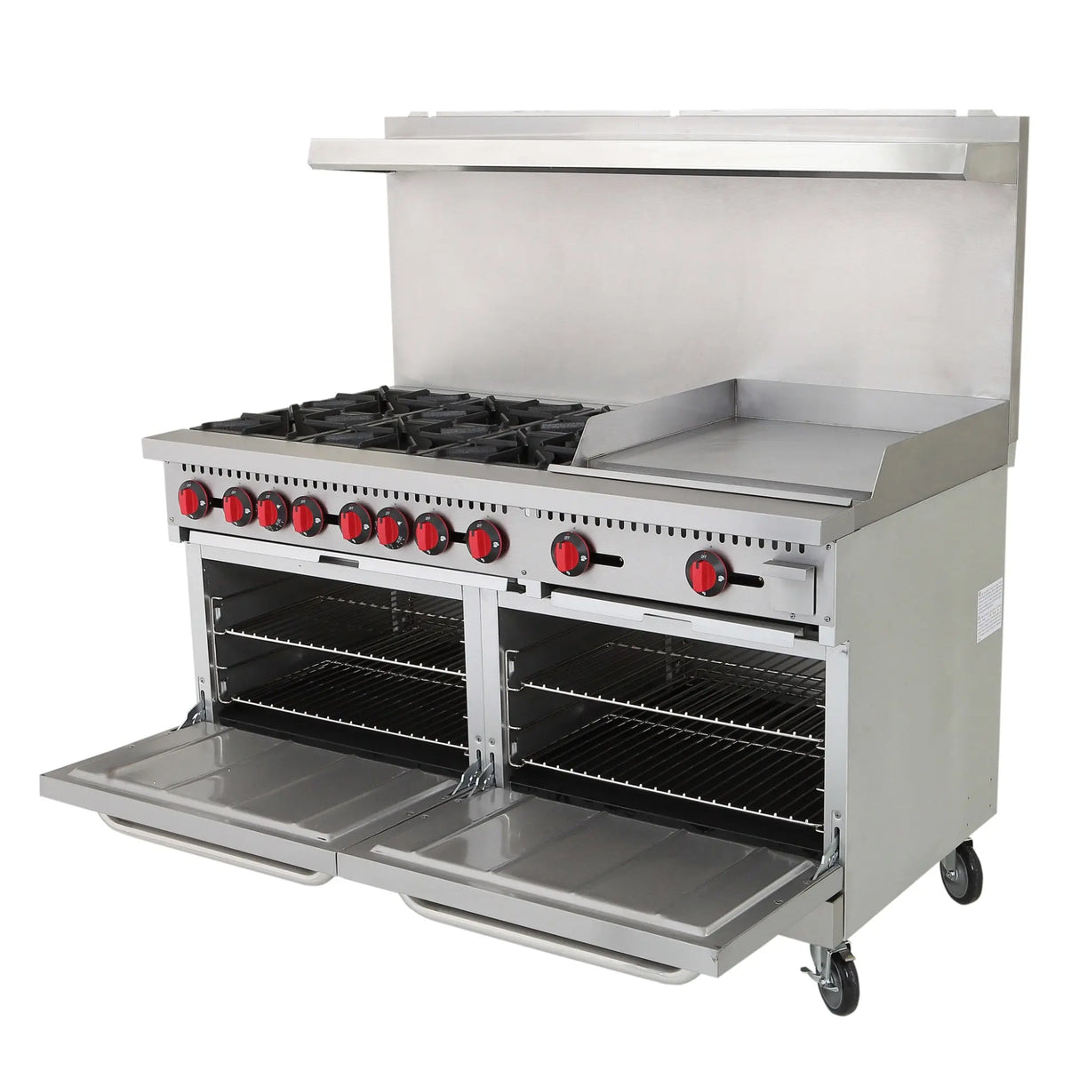 NexChef R60G Commercial 60" Gas Range, 6 Burners with 24" Griddle, Two Standard Ovens, NG/LP - 280,000 BTU Nexchef