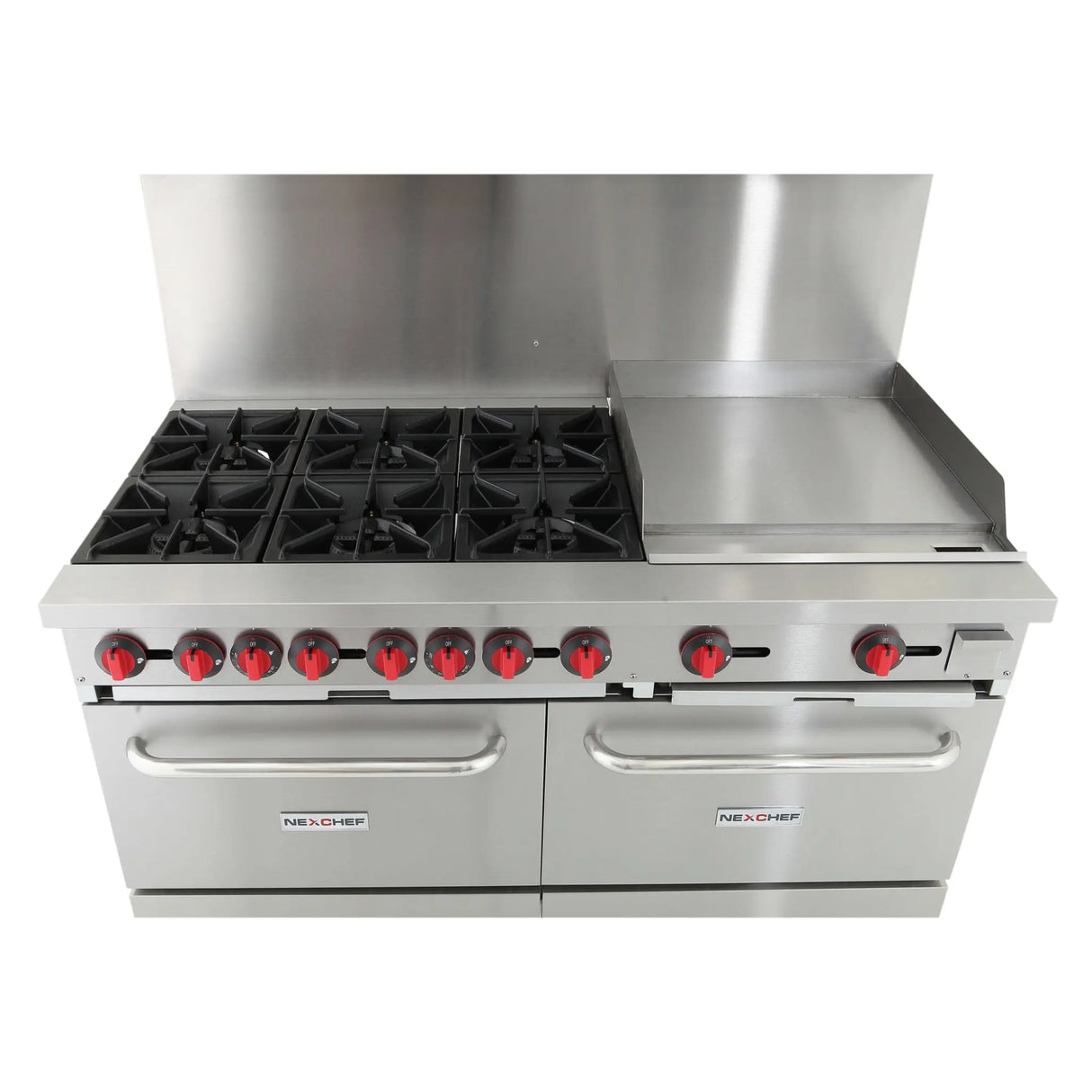 NexChef R60G Commercial 60" Gas Range, 6 Burners with 24" Griddle, Two Standard Ovens, NG/LP - 280,000 BTU Nexchef