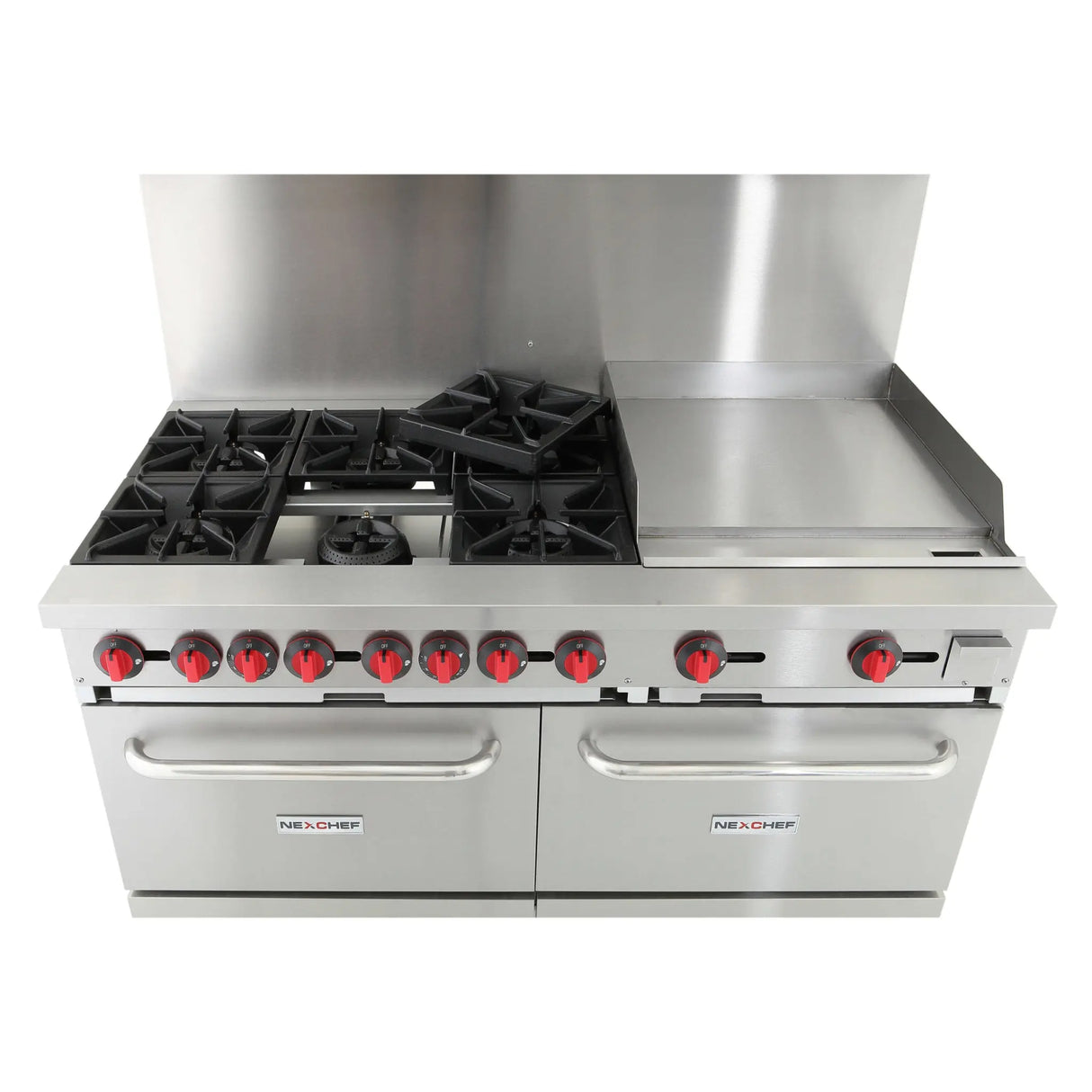 NexChef R60G Commercial 60" Gas Range, 6 Burners with 24" Griddle, Two Standard Ovens, NG/LP - 280,000 BTU Nexchef