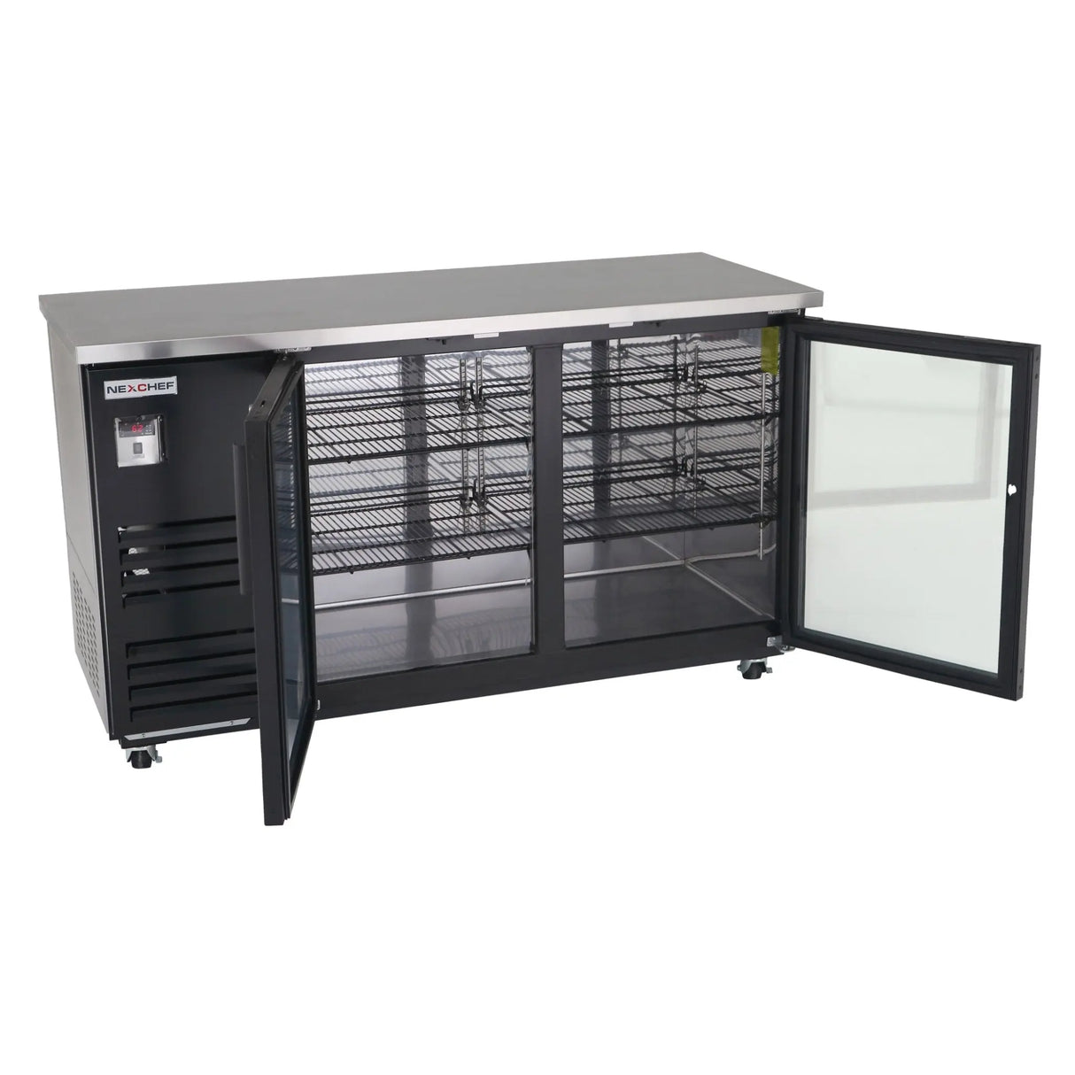 NexChef B60 - G2 Commercial 60" Glass Back Bar Refrigerator, Black Exterior, 2 Glass Doors, Counter Height, LED Lighting - Nexchef