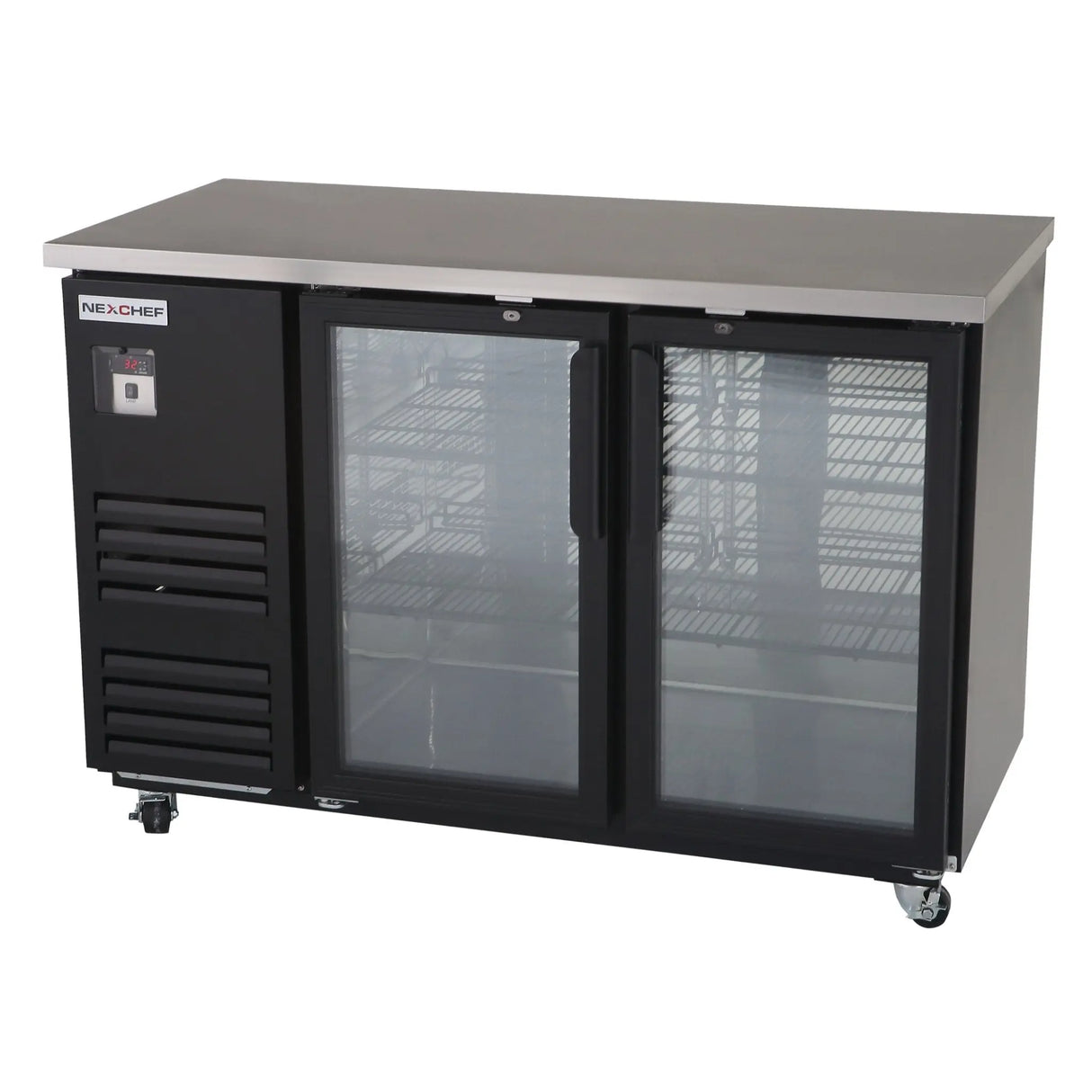 NexChef B60-G2 Commercial 60" Glass Back Bar Refrigerator, Black Exterior, 2 Glass Doors, Counter Height, LED Lighting Nexchef