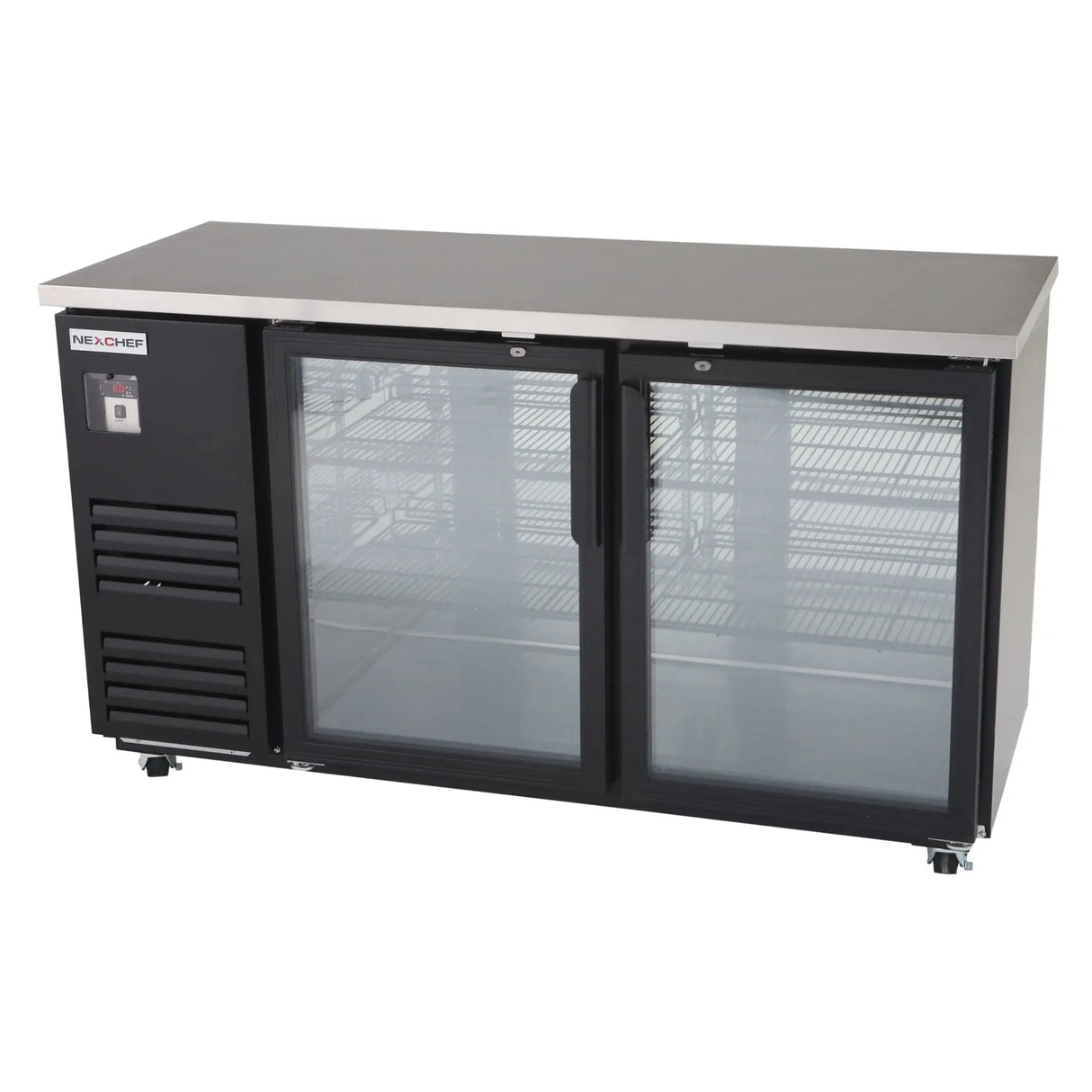 NexChef B70 - G2 Commercial 70" Glass Back Bar Refrigerator, Black Exterior, Two Glass Doors, Counter Height, LED Lighting - Nexchef