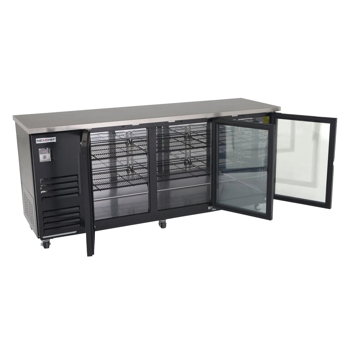 90" Glass Back Bar Commercial Refrigerator, (3) Glass Doors, Black Exterior Nexchef