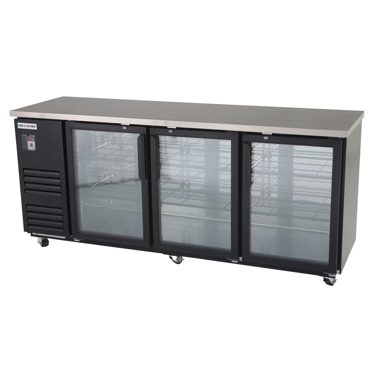 90" Glass Back Bar Commercial Refrigerator, (3) Glass Doors, Black Exterior Nexchef