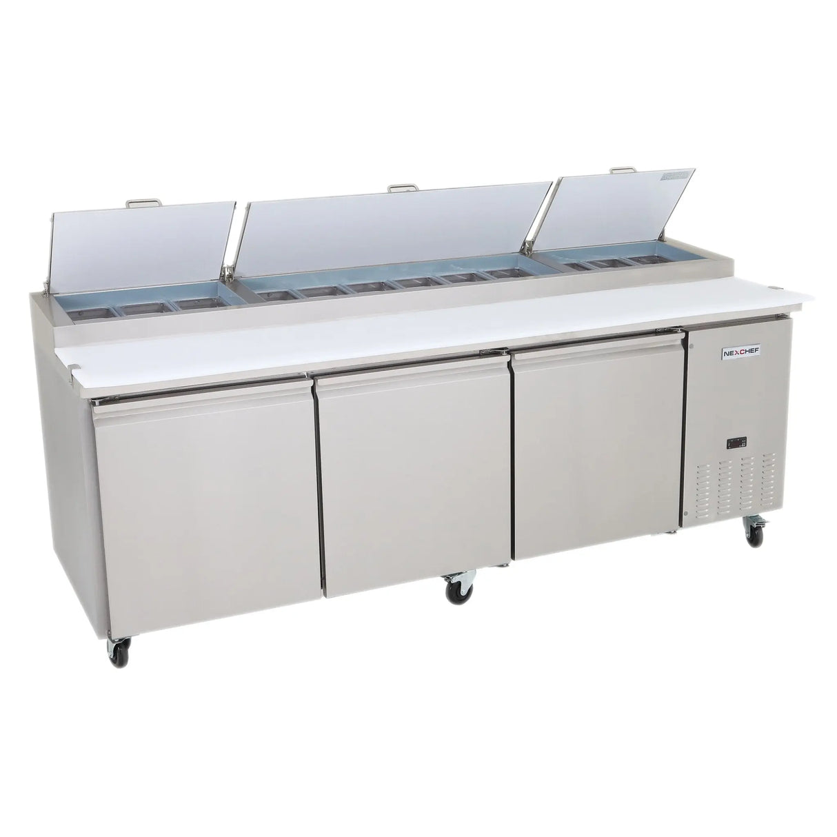 NexChef PR94 Commercial 94" Pizza Prep Refrigerator, 3 Door Refrigerated Base Nexchef