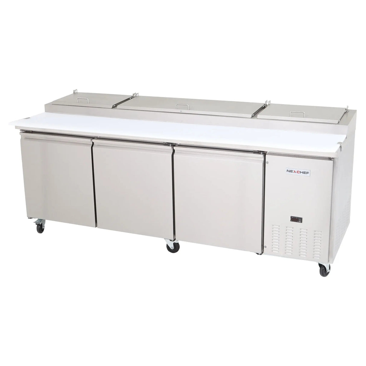 NexChef PR94 Commercial 94" Pizza Prep Refrigerator, 3 Door Refrigerated Base Nexchef