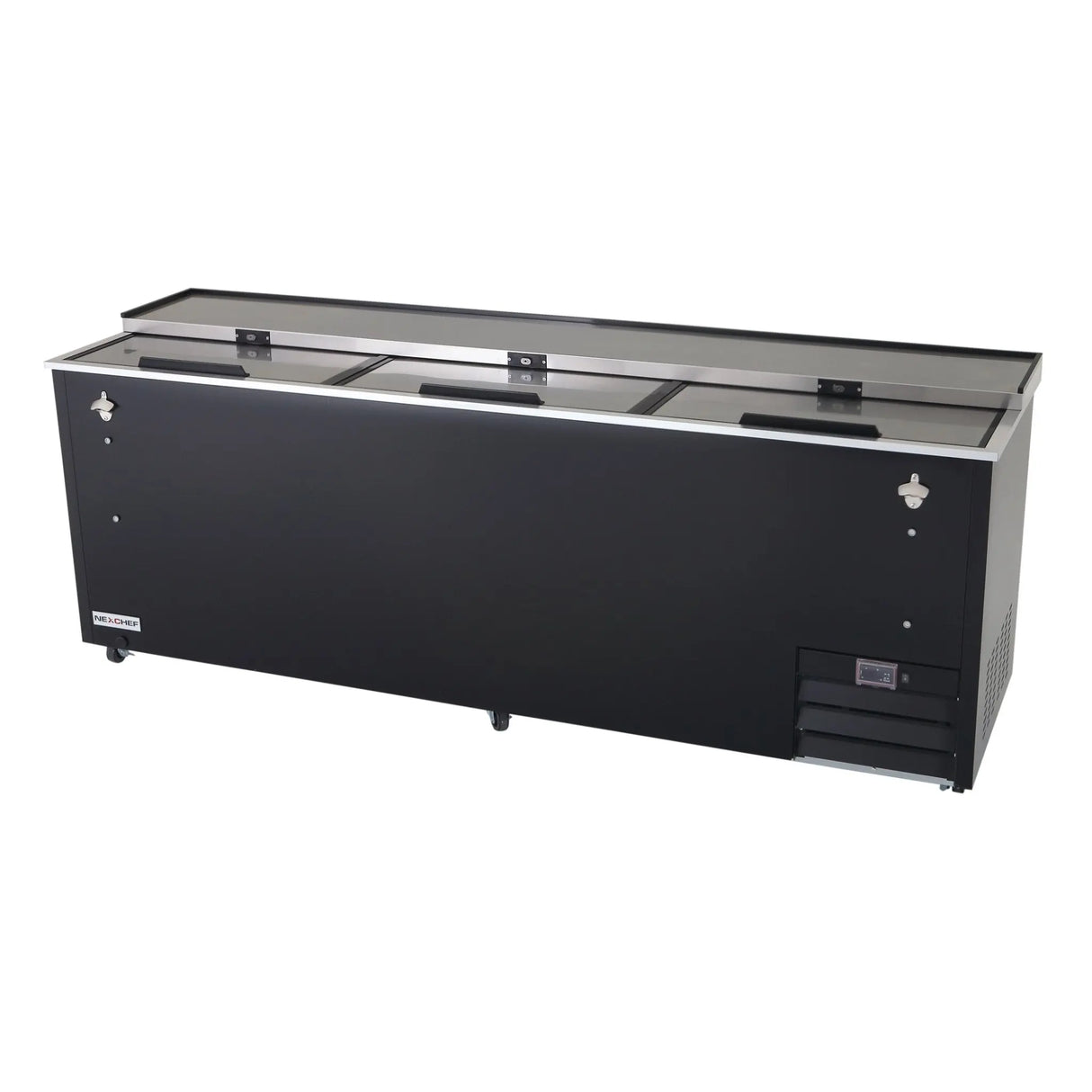 NexChef BT94 Commercial 95" Horizontal Bottle Cooler, Black Exterior, 3 Slide Tops Nexchef