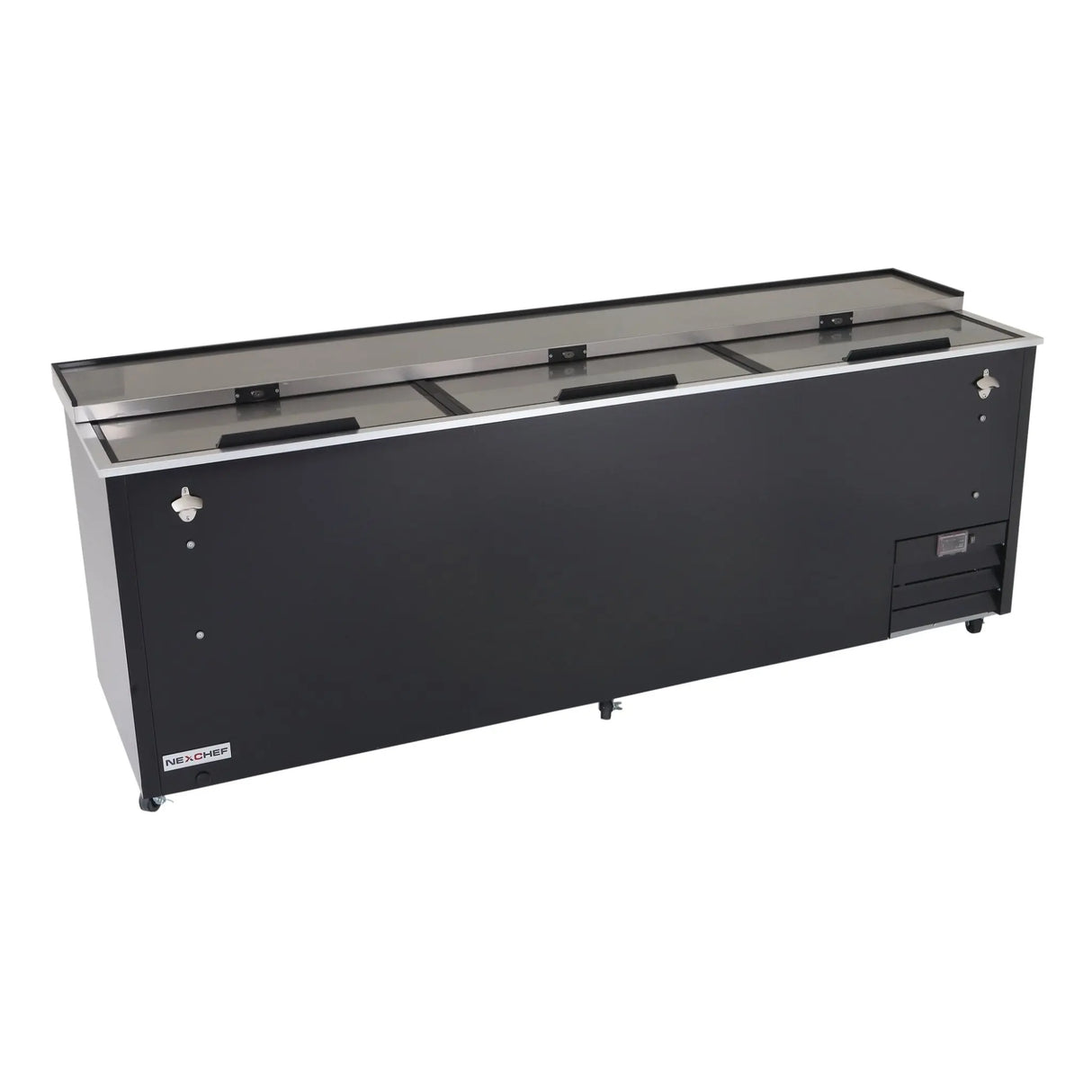 NexChef BT94 Commercial 95" Horizontal Bottle Cooler, Black Exterior, 3 Slide Tops - Nexchef