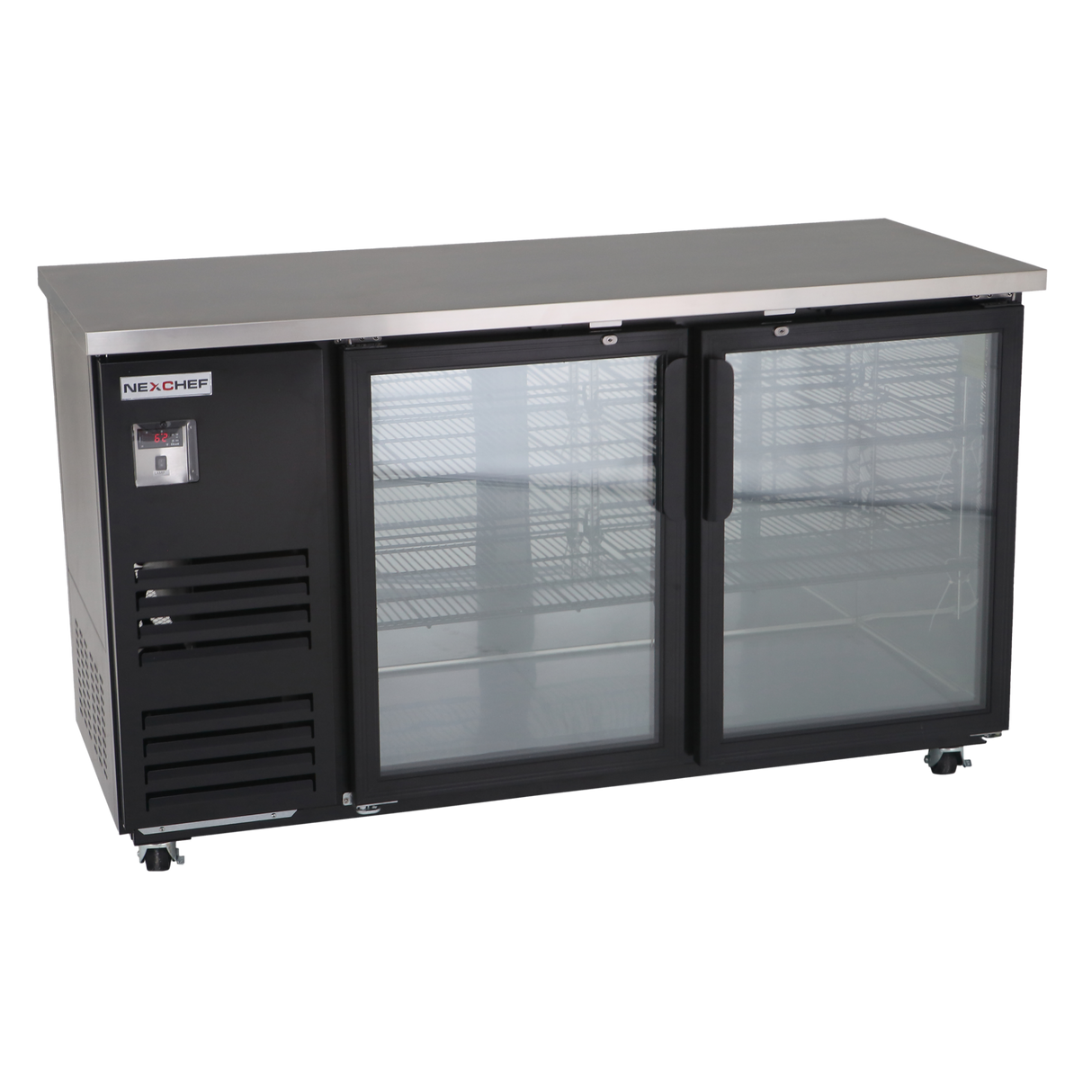 NexChef B70-G2 Refrigerador comercial con barra trasera de vidrio de 70", exterior negro, dos puertas de vidrio, altura del mostrador, iluminación LED