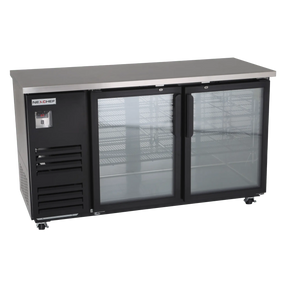 NexChef B70 - G2 Commercial 70" Glass Back Bar Refrigerator, Black Exterior, Two Glass Doors, Counter Height, LED Lighting - Nexchef