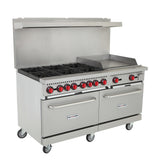 NexChef R60G Commercial 60" Gas Range, 6 Burners with 24" Griddle, Two Standard Ovens, NG/LP - 280,000 BTU