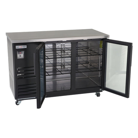 NexChef B60-G2 Refrigerador comercial con barra trasera de vidrio de 60", exterior negro, 2 puertas de vidrio, altura del mostrador, iluminación LED