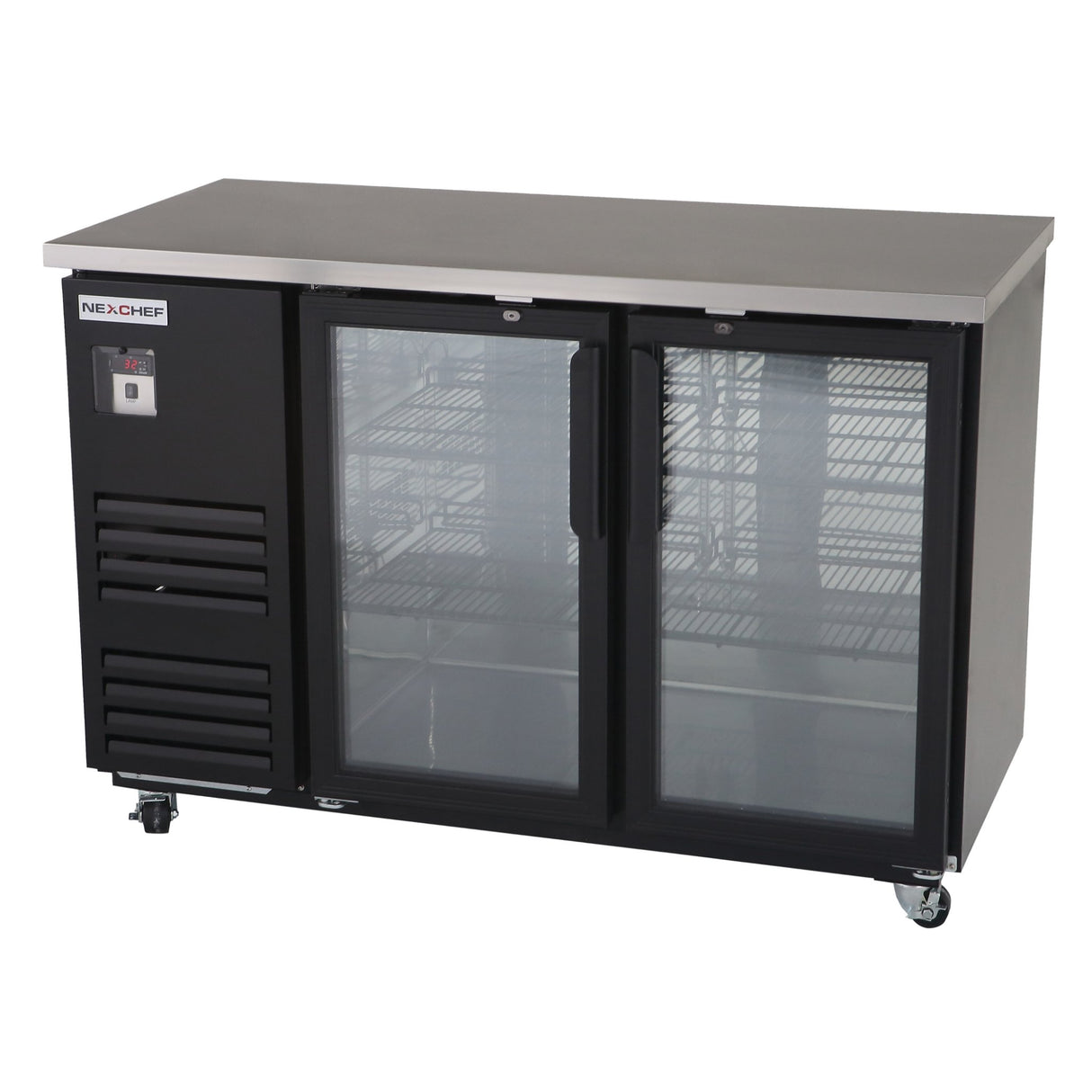 NexChef B60-G2 Refrigerador comercial con barra trasera de vidrio de 60", exterior negro, 2 puertas de vidrio, altura del mostrador, iluminación LED