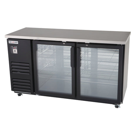 NexChef B70-G2 Refrigerador comercial con barra trasera de vidrio de 70", exterior negro, dos puertas de vidrio, altura del mostrador, iluminación LED