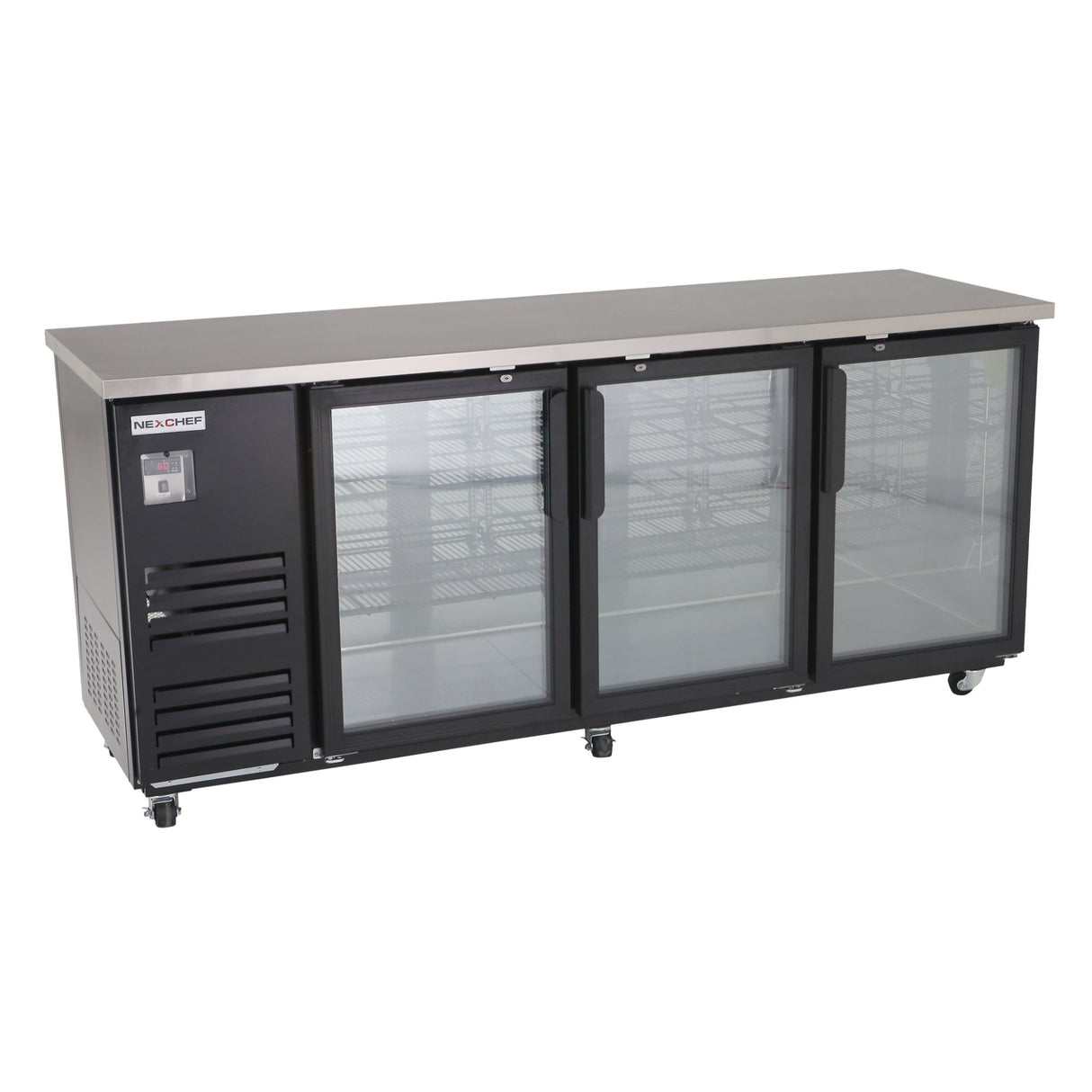 90" Glass Back Bar Commercial Refrigerator, (3) Glass Doors, Black Exterior