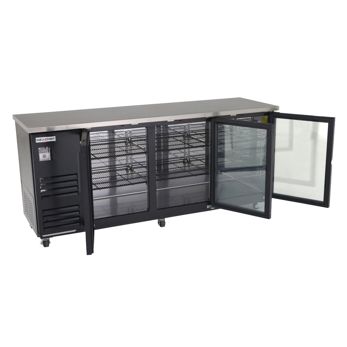 90" Glass Back Bar Commercial Refrigerator, (3) Glass Doors, Black Exterior