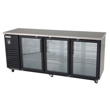 NexChef B90-G3 Refrigerador comercial con barra trasera de vidrio de 90", exterior negro, tres puertas de vidrio, altura del mostrador, iluminación LED,