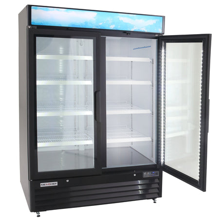 NexChef MR48 Refrigerador comercial negro de 54 pulgadas, dos puertas batientes de vidrio con iluminación LED
